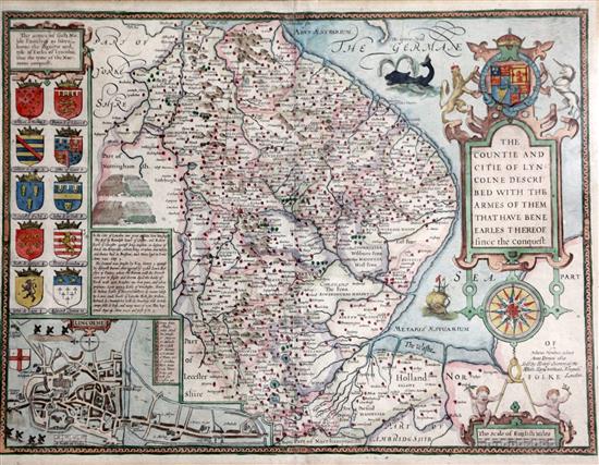 John Speede. The Countie and Citie of Lyncolne described, a coloured engraved map, c.1612-27, 53 x 40cm
